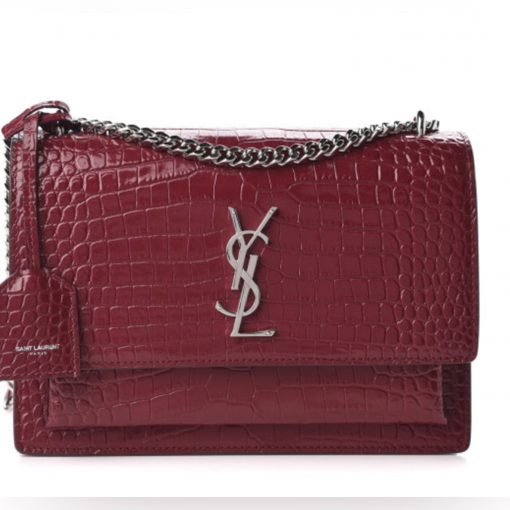 Saint Laurent YSL Burgundy Croc Medium Sunset Leather Bag